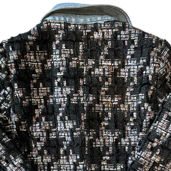 Ecru Black Mixed Media Tweed Houndstooth Denim Blazer Jacket Petite Small PS - Picture 9 of 13